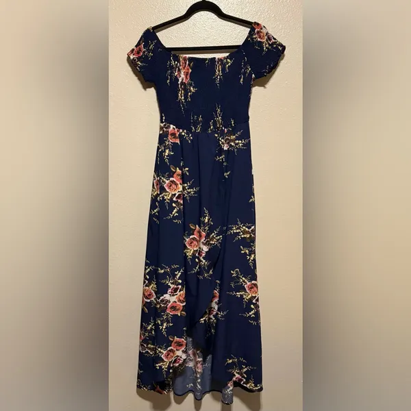 Omonsim Navy Floral Off-Shoulder Maxi Dress | Asymmetrical Hem Boho Romantic - Image 2