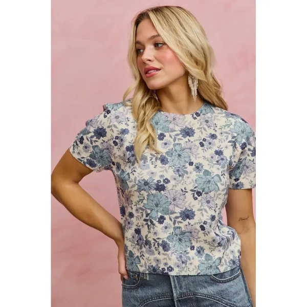 SO ME Floral Print Short Sleeves Sweater Knit Top - Blue - XL - Image 8