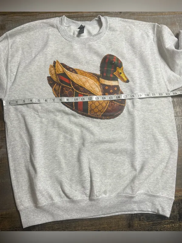 Gildan Light Gray Crewneck Sweatshirt with Boujee Patchwork Duck Motif - Image 6