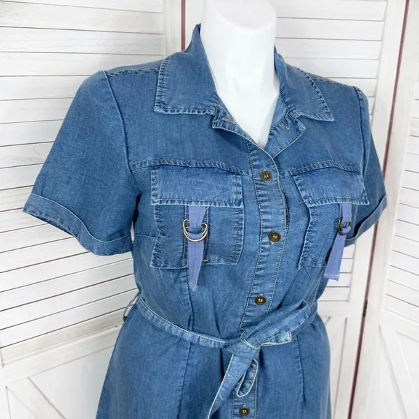 Indulge Chambray Button Up Belted‎ Short Sleeve Shirt Dress Denim Blue Large - Image 6
