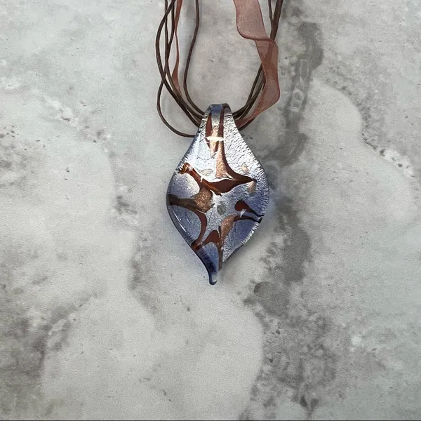 Hand‎ Blown Brown and Blue Glass Pendant Necklace and Brown Ribbon Chain - Image 4