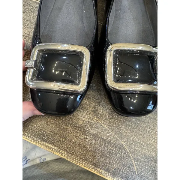 Stuart Weitzman Black Patent Ballet Slippers‎ Size 6.5 Silver Buckle 1/2" Heel - Image 10