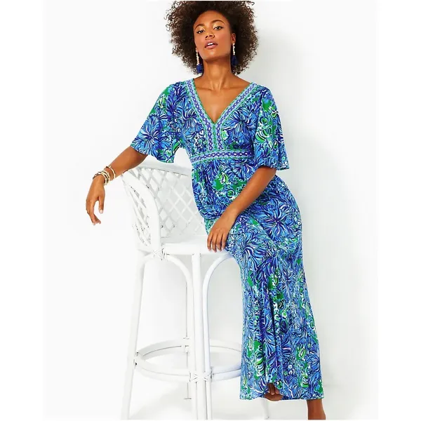 Lilly Pulitzer Addison‎ Floral Maxi Dress Size 14 Abaco Blue Turtle Awe Preppy - Image 14