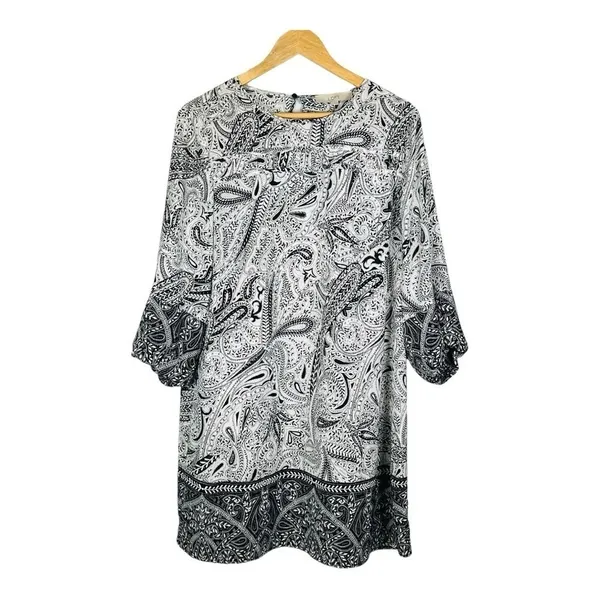 LOFT Womens Black White Paisley 3/4 Sleeve‎ Shift Dress Size Medium Classic - Image 2