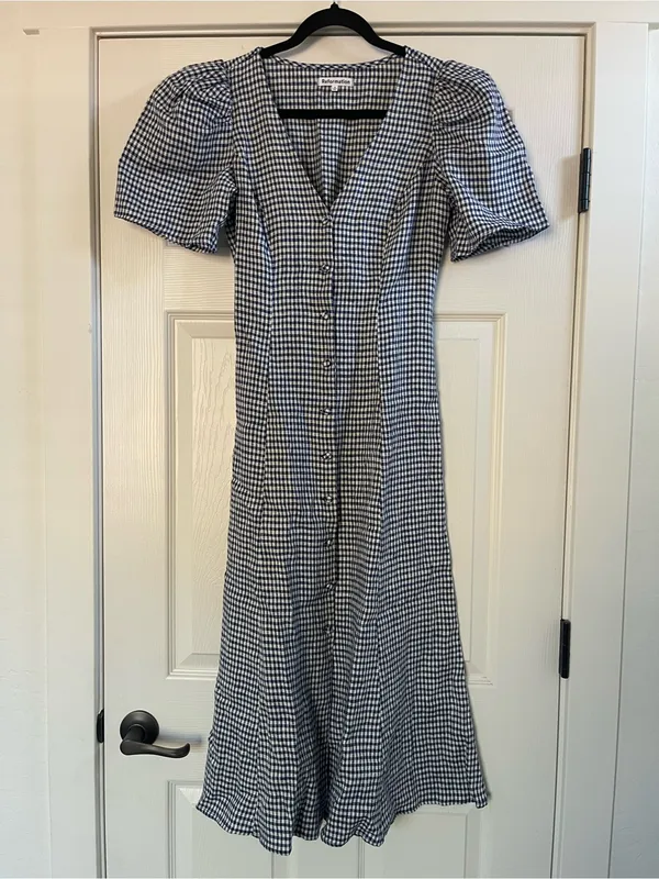 Women’s Reformation Newbury Gingham Print Button Front Linen Midi Dress Size 4 - Image 4