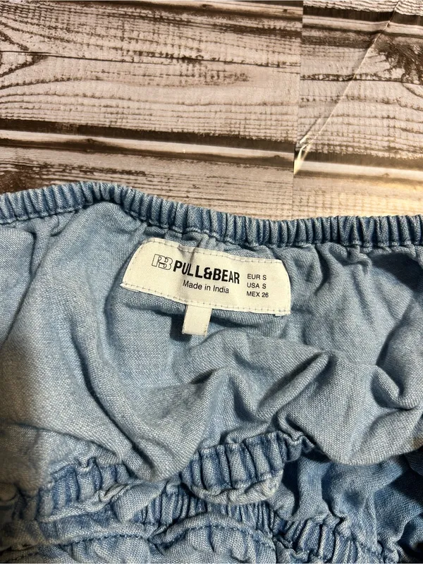 Pull&Bear Light Blue Denim Smocked Crop Top - Image 3