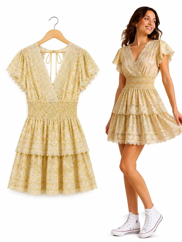 American Eagle Yellow Floral Eyelet Lace Mini Dress XS - Image 14