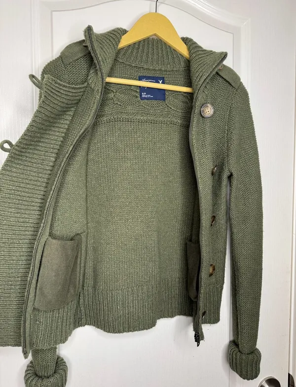 American Eagle Y2K Olive Military Wool Rabbit Hair Knit Cardigan Jacket S - Image 13