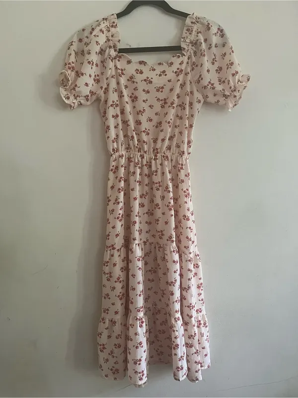 Monteau Cream Pink Cottagecore Floral Puff Sleeve Midi Dress XS Prairie Romantic - Image 5