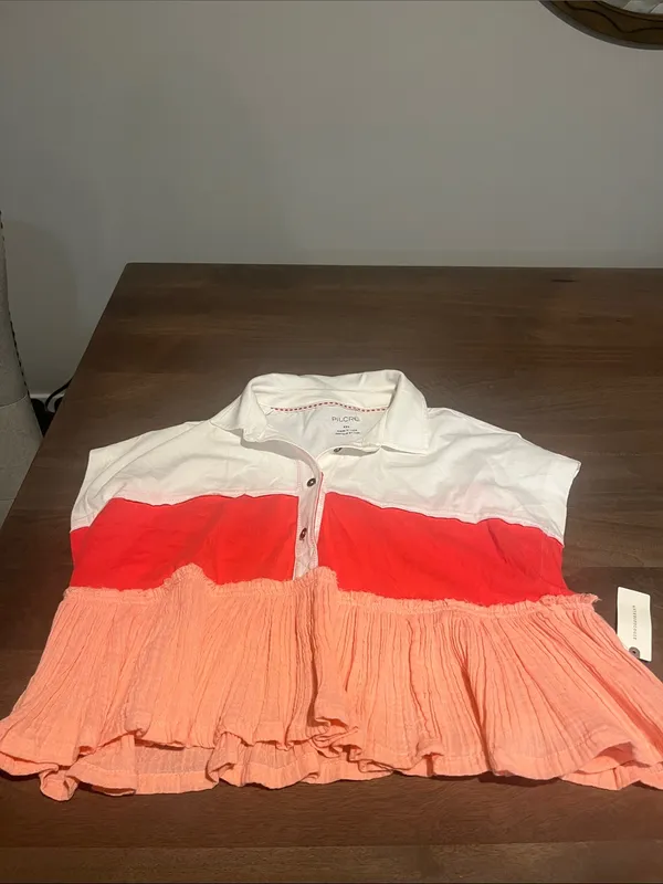 Pilcro White, Red & Peach Tiered Button-Front cap Sleeve Sz XXS Polo NWT - Image 4