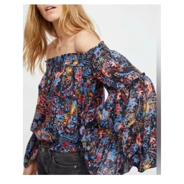 Free People Floral Off the Shoulder Bell Sleeve Blouse Women's S Boho‎ Chic - Image 2