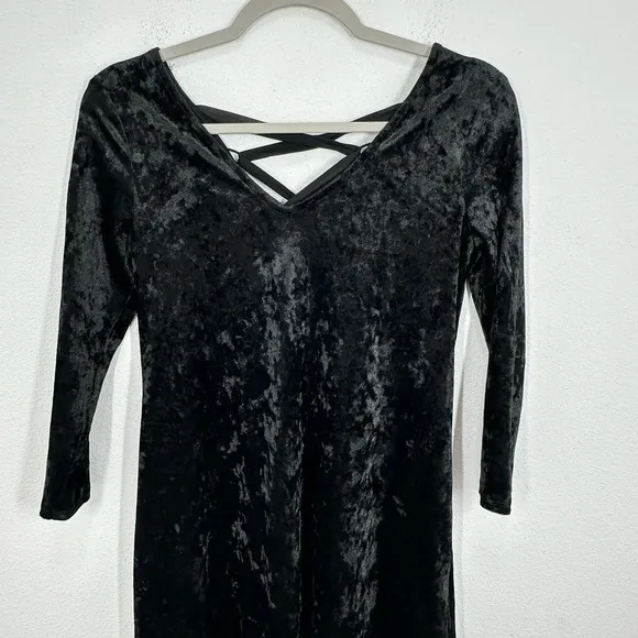 A. Byer 90s Black Crushed Velvet Mini Dress Long Sleeve V Neck Grunge Whimsigoth - Image 3