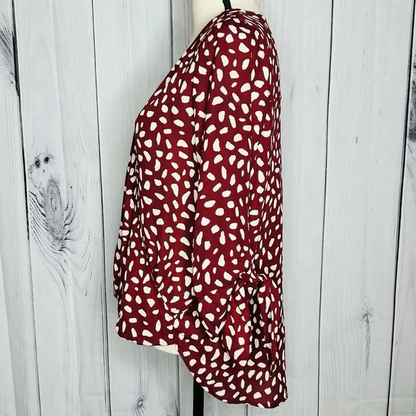 West K Faux Wrap Blouse 3/4 Sleeve Tie Maroon Polka Dot Women's Size M - Image 4