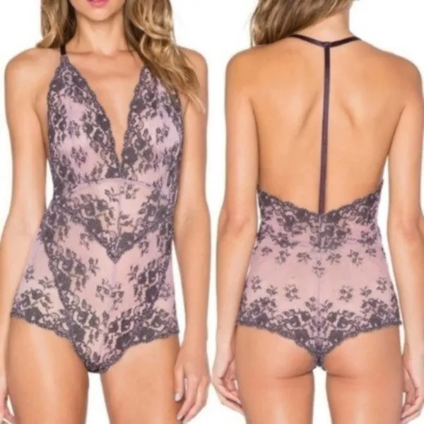 Free People Lace Bodysuit Too Cute to Handle Plunge Lingerie Sexy, Purple Medium - Image 3