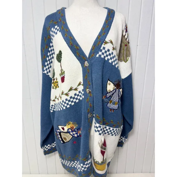 Quacker Factory Blue Garden Angel Embroidered Cardigan Sweater‎ 2X Heart Buttons - Image 15