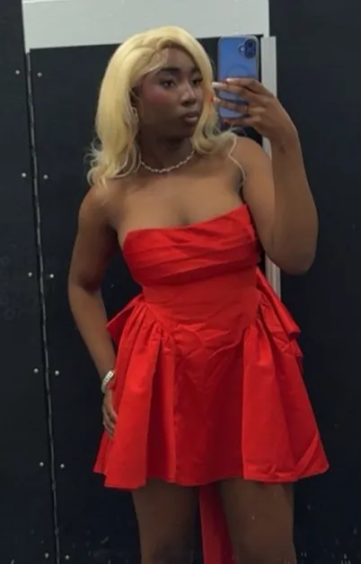 Red Dress With Large Nine West Sequin Mini Shift Bow - Image 2