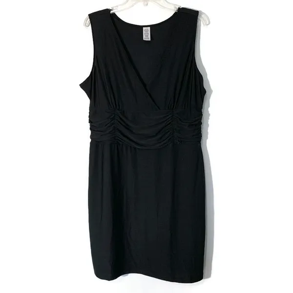Black Faux Wrap Ruched Cocktail Dress XL Figure Flattering Stretch LBD - Image 2
