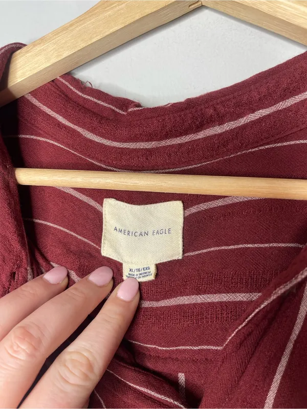 American Eagle Maroon Striped Tie-Front Button Up Blouse (X-Large) - Image 6