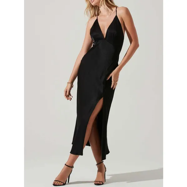 NWT ASTR The Label Black Deep V Satin Midi Dress Size Small Cocktail Wedding - Image 3