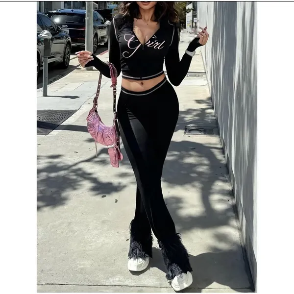 Y2K‎ Girl Script Two Piece Set Black Zip Crop Top Flare Pants Outfit - Image 3