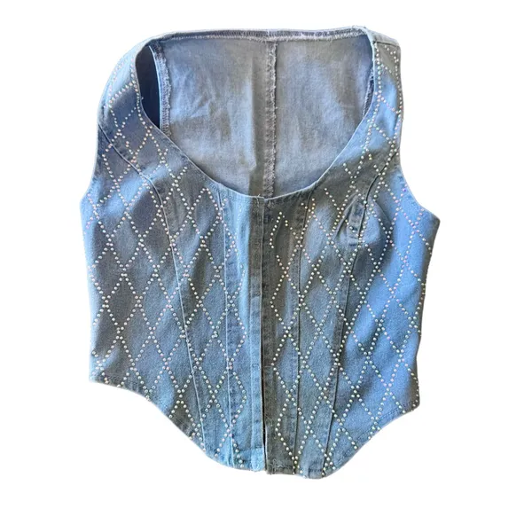 NWT WDIRARA Women’s Sequin‎ Denim Hook Eye Crop Top XS - Image 6