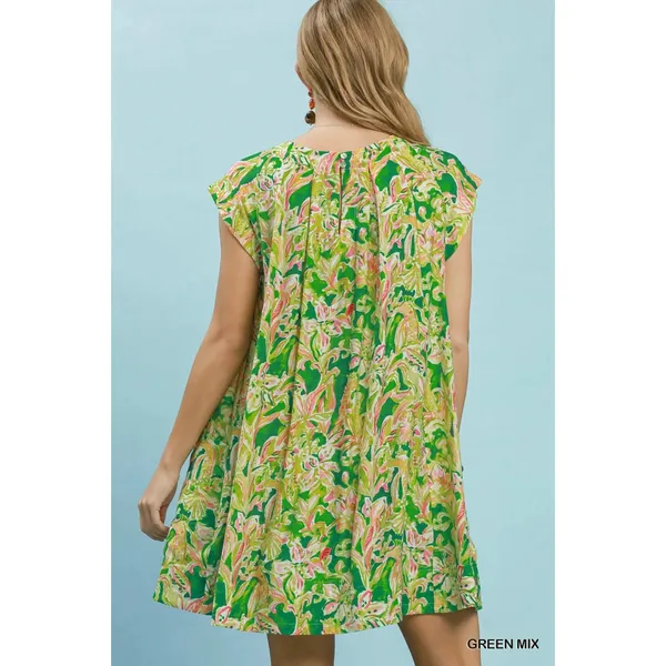 Umgee Tropical Floral Flutter Sleeve Swing Dress - Green‎ Mix - Small - Image 3