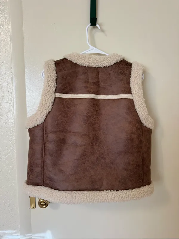 LOFT Faux Leather Suede Sherpa Open Vest Brown Cream Size M - Image 5