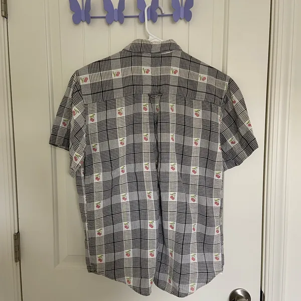 Vintage adult black cream checkered plaid cherry embroidered button‎ down shirt - Image 4