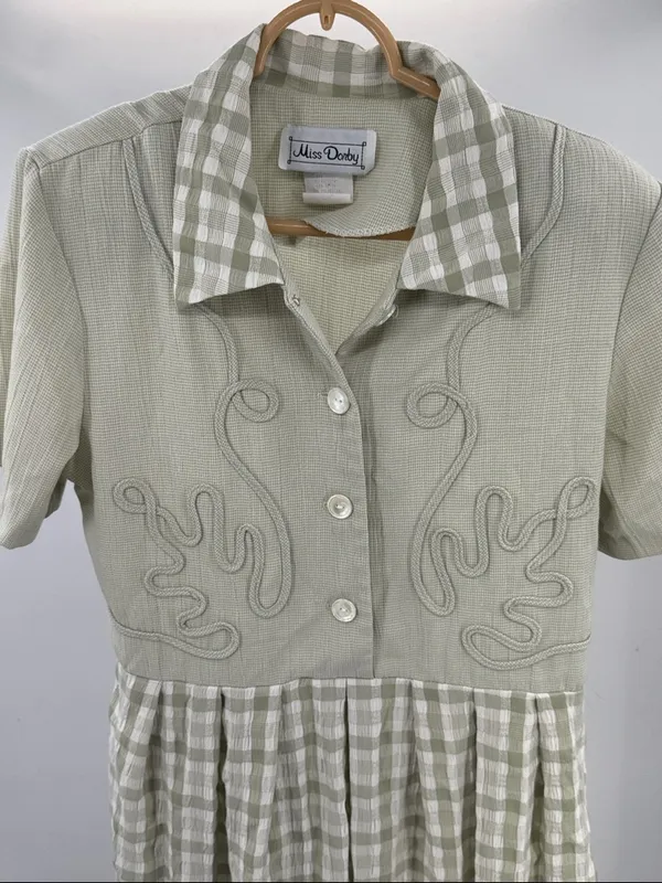 Miss Dorby Light Sage Textured Gingham Midi Dress 10 vintage piping traditional - Image 5