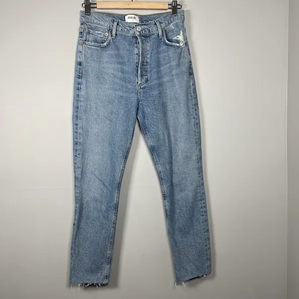 AGOLDE High Rise Straight Leg Distressed Jeans Light Wash Size 27‎ Button Fly - Image 4
