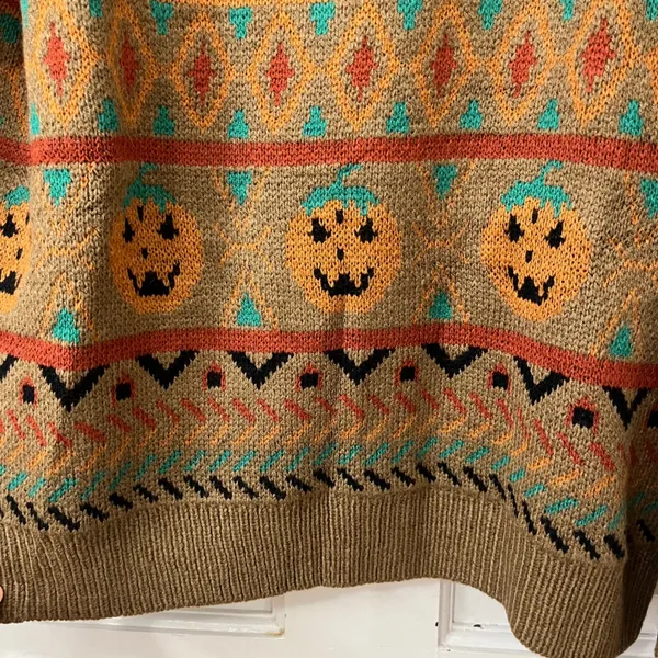 ROMWE Pumpkin Halloween Sweater Womens S Relaxed Fit Brown Fair Isle Spooky Fall - Image 2