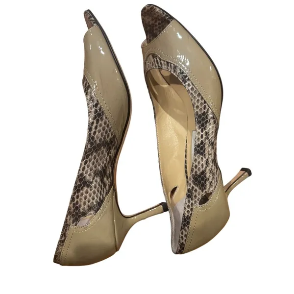 Jimmy Choo Patent Leather Python Print Peep Toe Pump Size 38.5/8-8.5 - Image 6
