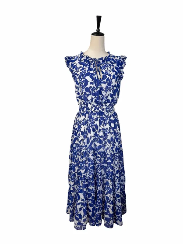 Sugar Lips Midi Dress Size M Floral Ruffle Smocked Tiered Blue White Tie Neck - Image 2