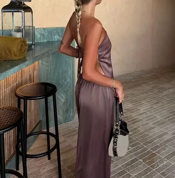 Amazon Dusty Purple Satin 2-Piece Set Strapless Backless Top and Wide Leg Pants - Image 2