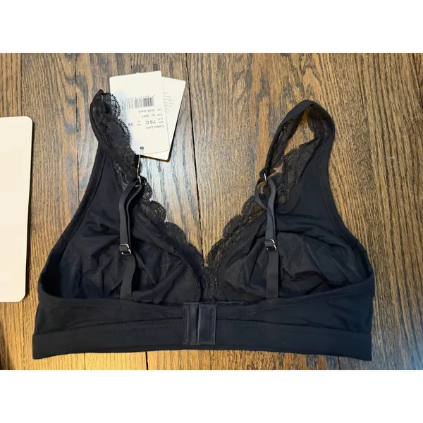 Hanro Cotton Lace Lace Trim Soft Cup Bra Black Sz 34C NWT $120 - Image 3