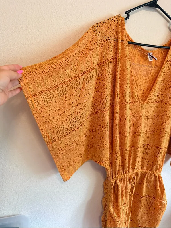 Luli Fama Obsession Cabana kimono sleeves dress, crochet knit, mustard yellow, M - Image 10