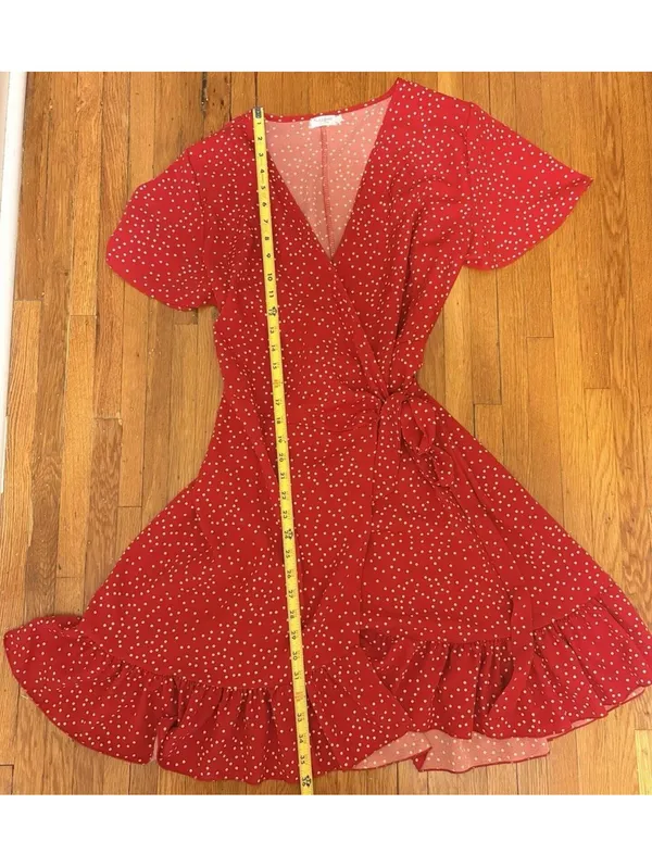 Red Polka Dot Wrap Dress Flutter Sleeve V Neck Tie Waist Women’s Dress - Image 6