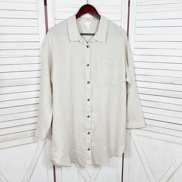 H&M Home Linen Button Up Shirt Dress Beige‎ Tan Medium Long Sleeve Beach - Image 7