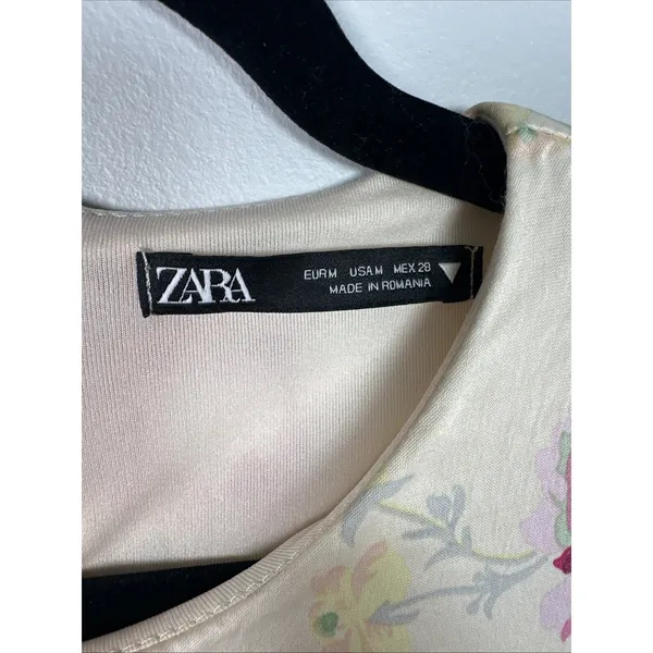 Zara Medium Dress Womens Floral Short Sleeve 90s Style‎ Yellow Pink Roses Lined - Image 2