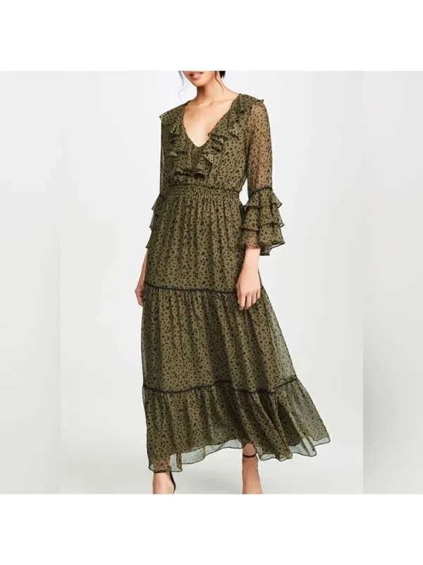 Misa LosAngeles Dress chiffon Green Dot Ruffle whimsigoth fairy festival boho XS - Image 6