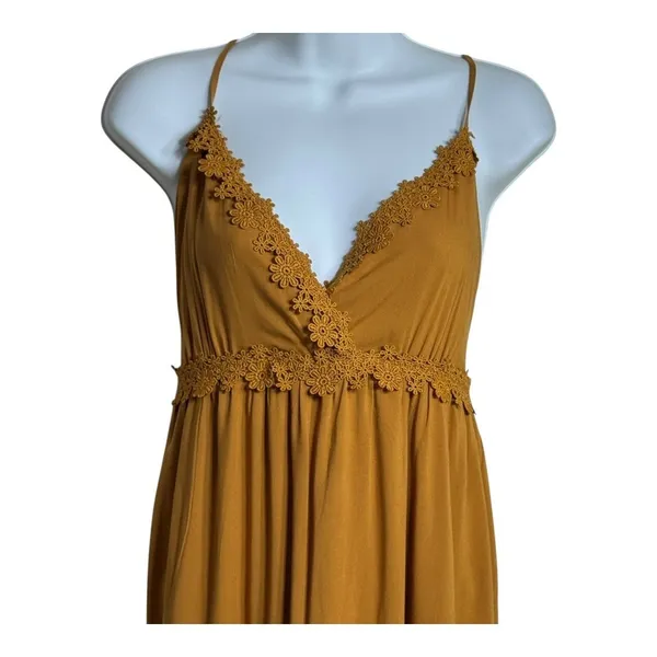 ACTIVE USA Mustard Yellow Crochet Trim Maxi Dress Spaghetti‎ Straps boho casual - Image 3