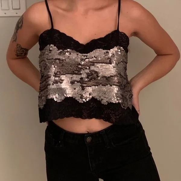 Express black lace gold sequin cropped cami top - Image 2