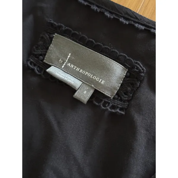 By Anthropologie Tiered Ruffled Mini Dress‎ Small Black Satin Long Sleeve - Image 3