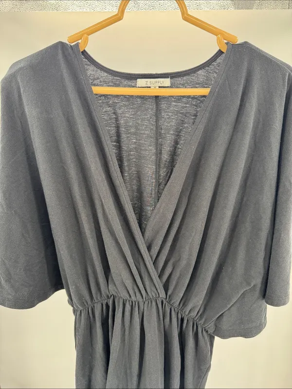 Z Supply Black Jumpsuit Romper deep V-neck faux wrap batwing sleeve M coverup - Image 9