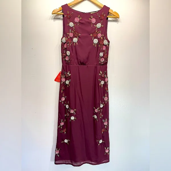 Burgundy Sleeveless Midi Dress Sequined Flowers Open Back Party Elegant Wedding - Image 3