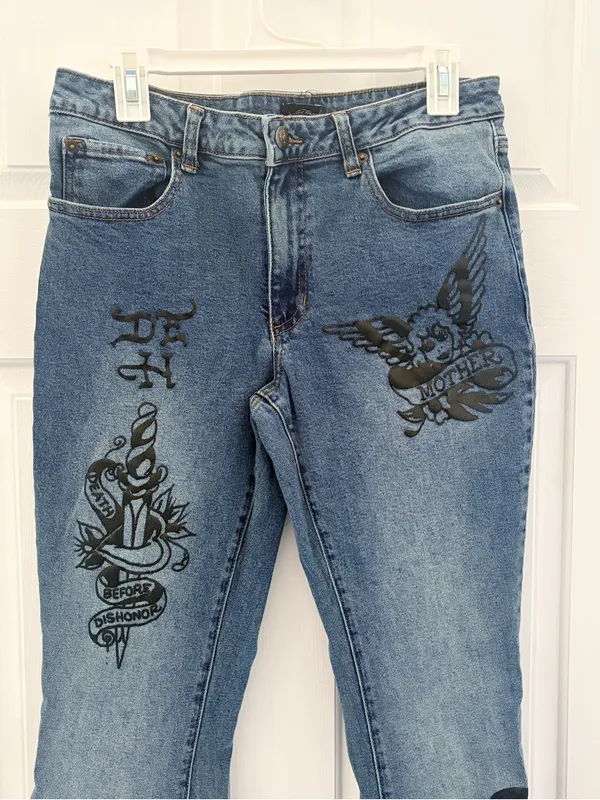 Ed Hardy Blue Graphic Embroidered Bootcut Jeans - Image 2