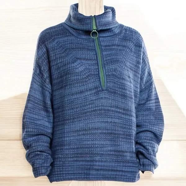 5/$65 Aerie Womens Sweater Sz S‎ Blue Funnel Neck Quarter Zip Green Stripe - Image 2