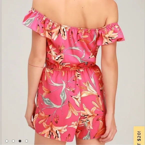 Lulus After Sunset Magenta Pink Floral Off the Shoulder Romper‎ SMALL - Image 4
