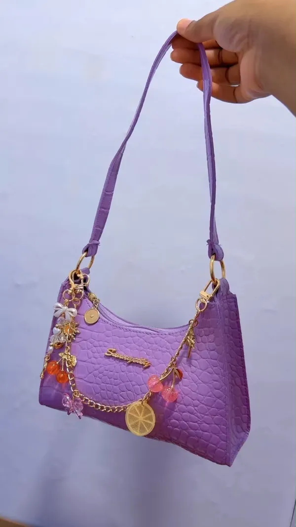 Purple Crocodile Embossed Shoulder Bag with Charm Chain & Pom Pom Details - Image 2