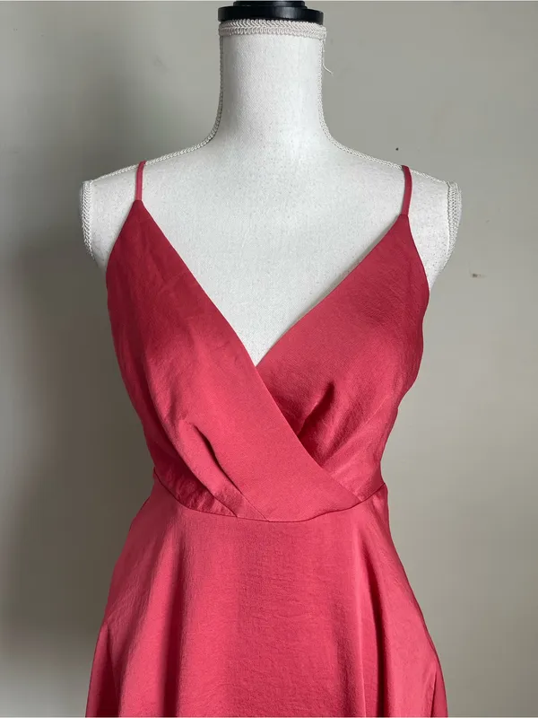 EXPRESS Rose Red Satin Faux Wrap Mini Flare Dress Sz XS - Image 3
